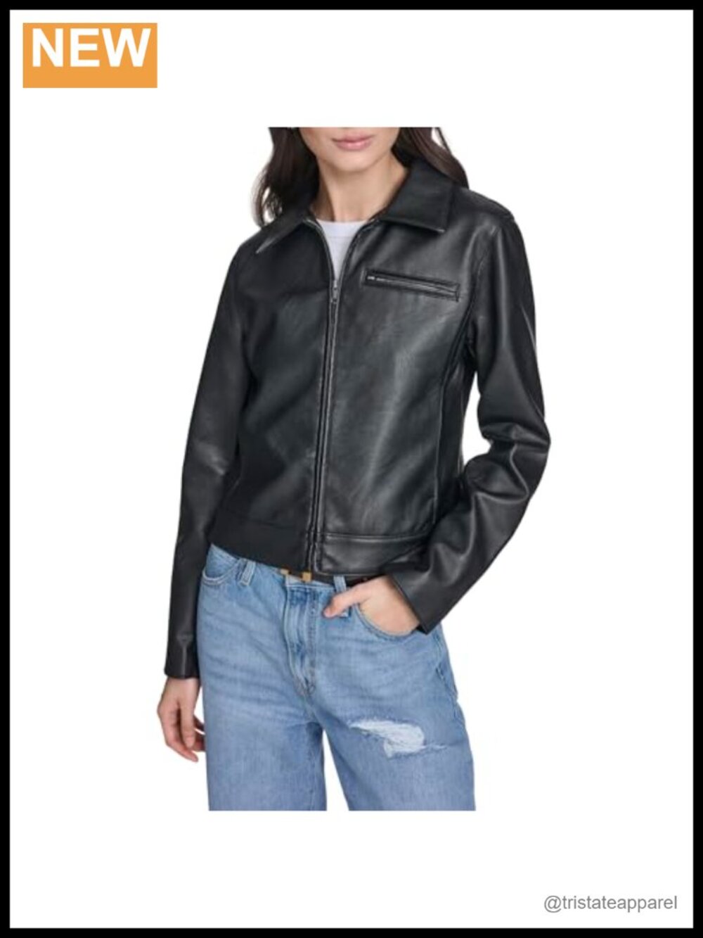 Faux Leather Laydown Collar Jacket with Chest Zip